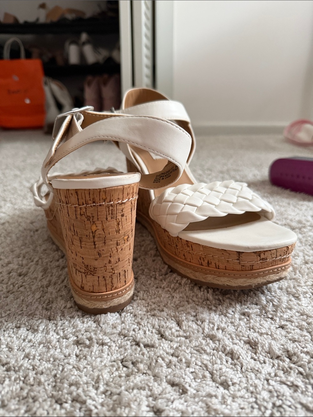 Steve Madden White Woven Cork Wedge Sandals